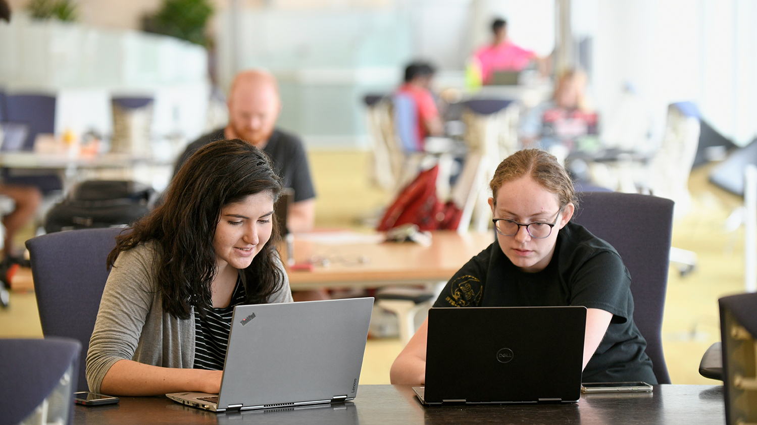 Two women, each with laptops, work together at a table in Hunt Library.