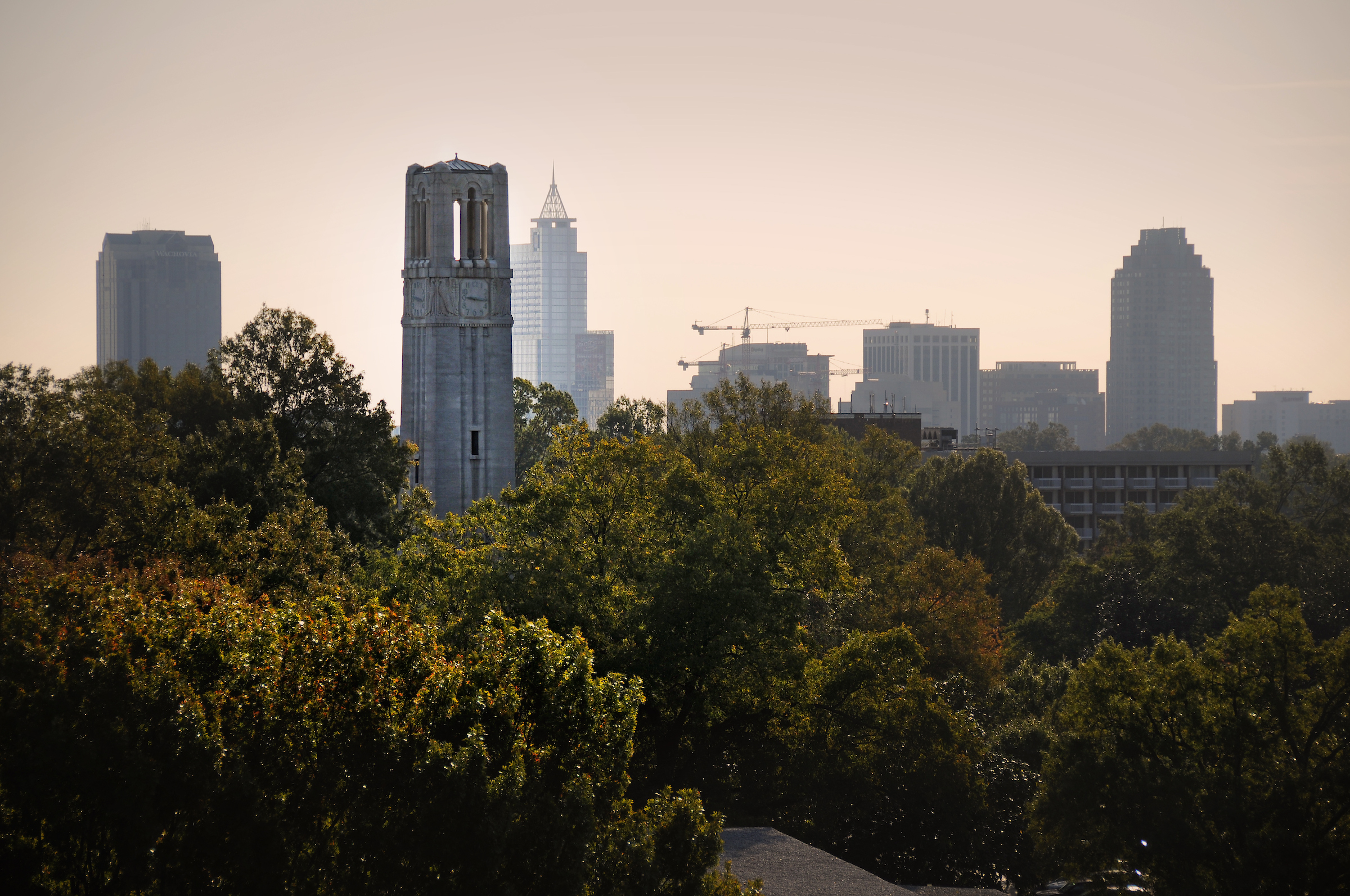 Belltower with Downtown Raleigh in the background.