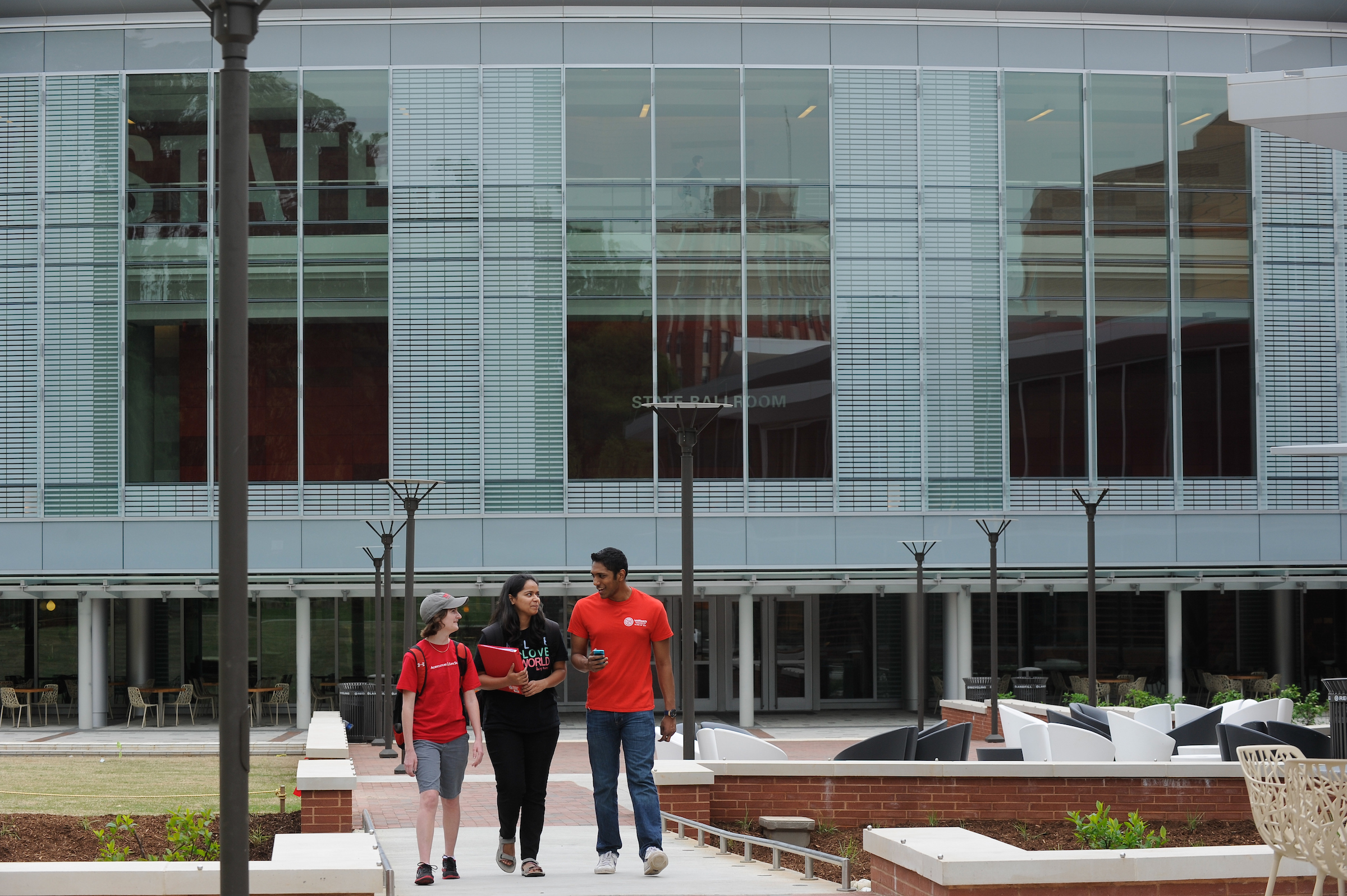 Students walking in front of Talley Student Union, the site of an early voting location in Wake County.
