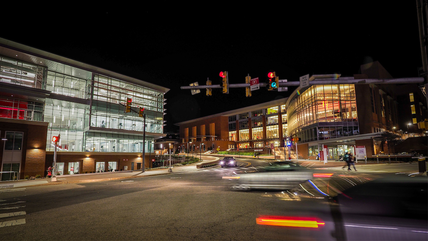 Talley Student Union and the Wellness and Recreation Center at night