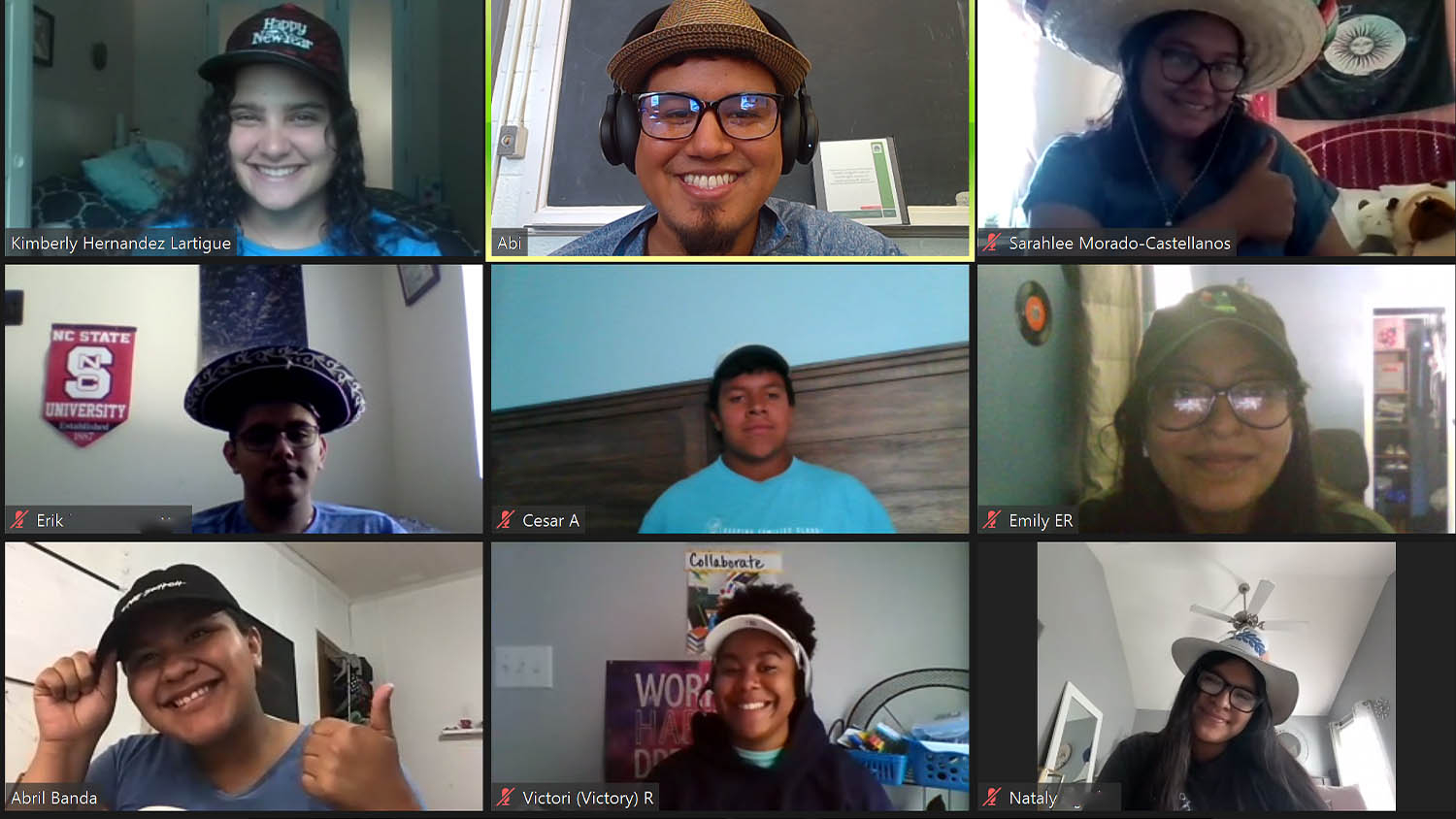 A screenshot of a Zoom call with nine participants, all wearing hats