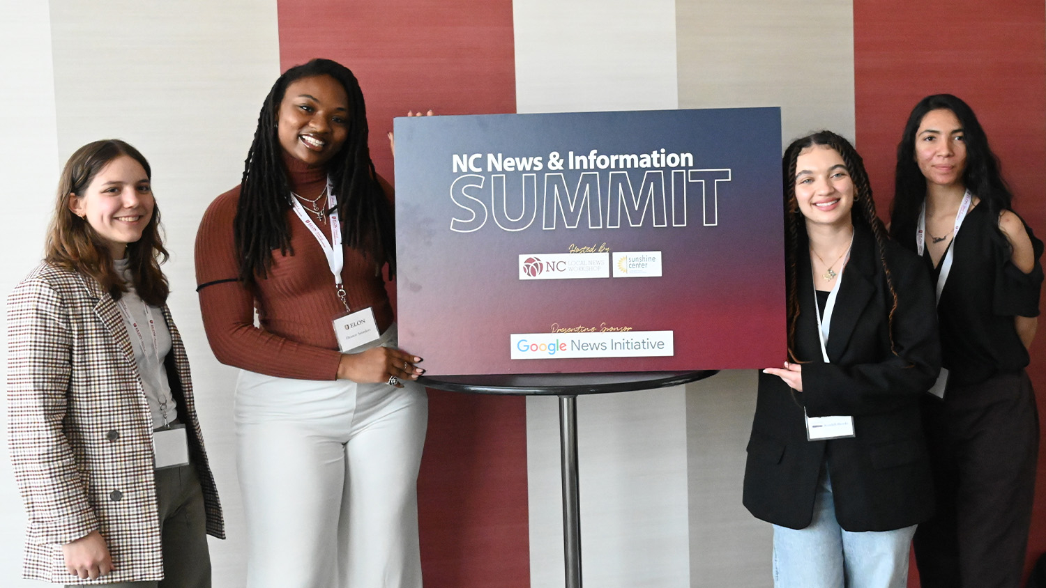 From left, Jameson Wolf, Eleanor Saunders, Alianna Kendall-Brooks and Jelina-jo Miller were among the students who traveled to the NC News & Information Summit on March 8. Photo by Tommy Kopetskie, Elon University.